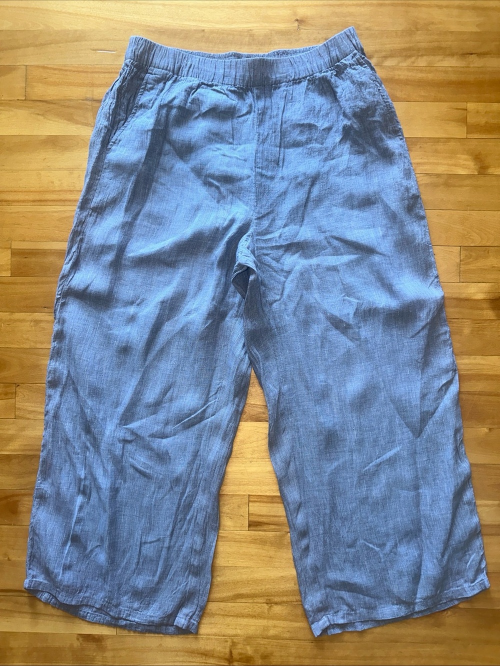 Eileen Fisher Organic Linen Delave Wide Leg Crop Pants Blue Pull On P/M Petite - Picture 2 of 7